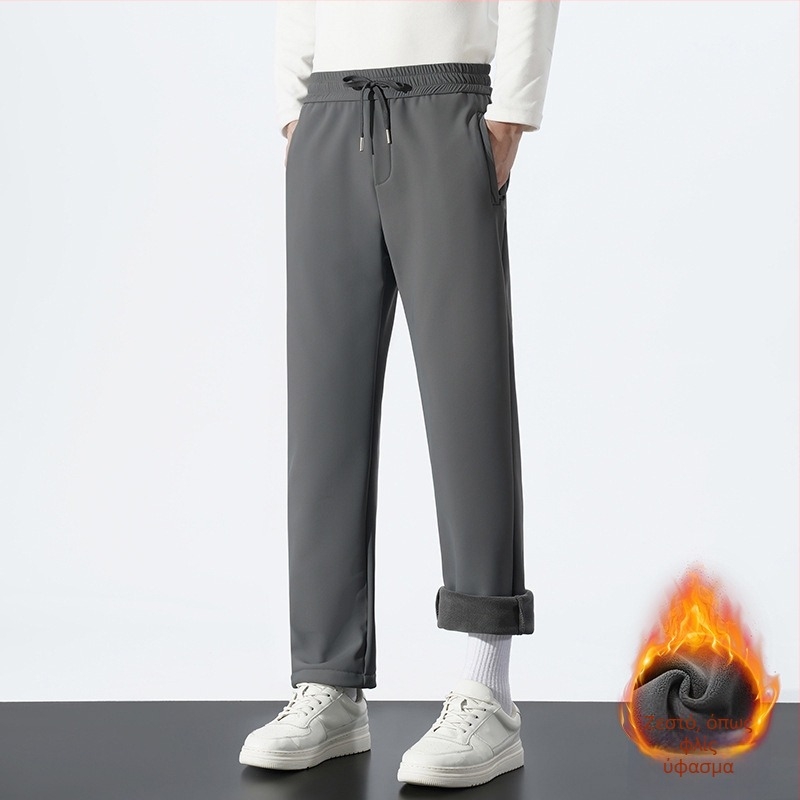 Παντελόνια μέσης ηλικίας για άνδρες, καθημερινά, ευθείας γραμμής, fleece επένδυση, χειμώνας 2025.