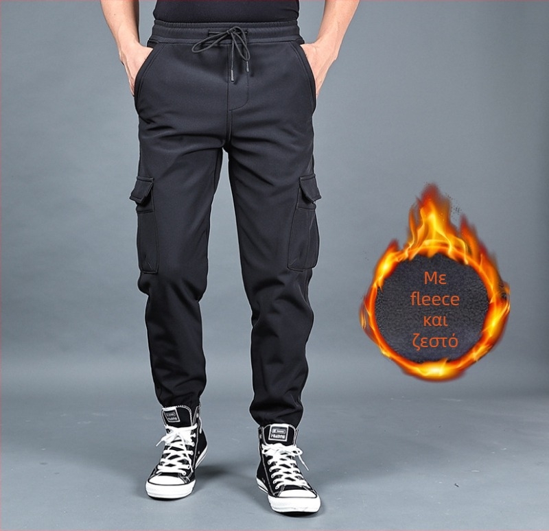 Εργατικά καθημερινά παντελόνια με φλίς επένδυση, ίσιο κόψιμο, μεσαία μέση με ζώνη και κορδόνι μέσης, ελαστικό πολυεστερικό ύφασμα, χειμωνιάτικα