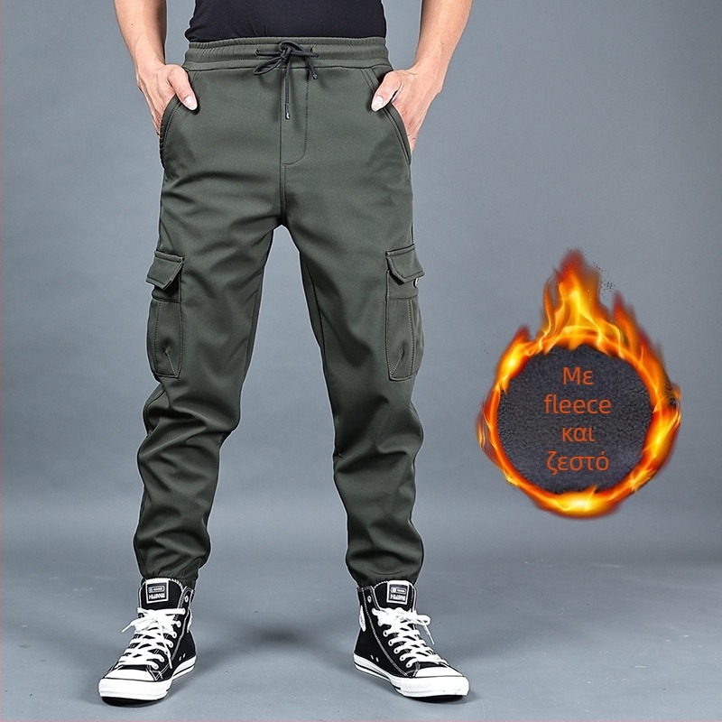 Εργατικά καθημερινά παντελόνια με φλίς επένδυση, ίσιο κόψιμο, μεσαία μέση με ζώνη και κορδόνι μέσης, ελαστικό πολυεστερικό ύφασμα, χειμωνιάτικα