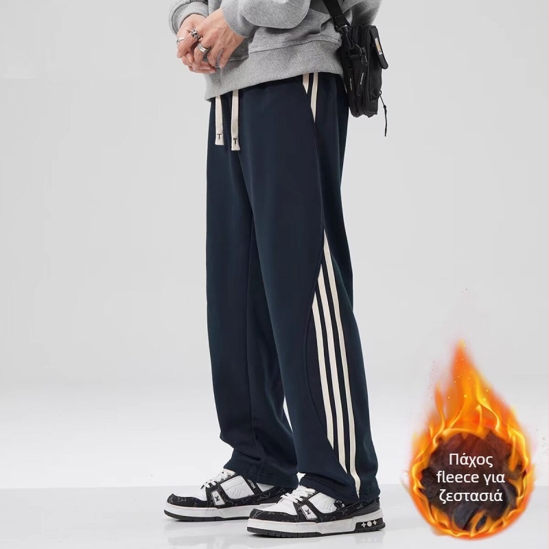 Ανδρικά παντελόνια με επένδυση fleece, ίσια γραμμή, βελούδινο ύφασμα από μείγμα βαμβακιού 82%/18% πολυεστέρα, μεσαία-υψηλή μέση, χαλαρή εφαρμογή, κατάλληλα για τον χειμώνα, κυκλοφόρησε φθινόπωρο 2024