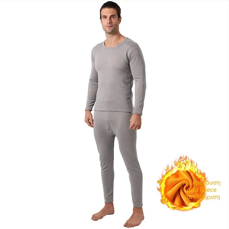 Unisex θερμικό σετ εσωρούχων από κομμένο βαμβάκι με φλίς εσωτερικά, διπλό στρώμα, παχύ 201-250 g/m2, στρογγυλός λαιμός, πουλόβερ με μακριά μανίκια και παντελόνια