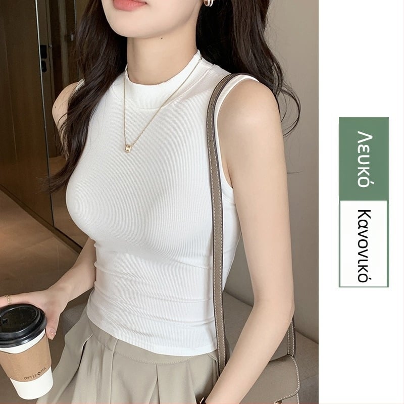 Γυναικείο ριμπ πλεκτό τοπ χωρίς μανίκια με στρογγυλή λαιμόκοψη - στενή εφαρμογή, υψηλή ελαστικότητα, βισκόζη 90–95%