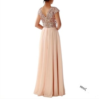 Μακρύ βραδυνό φόρεμα από chiffon με V-λαιμό, παγιέτες, Α-γραμμή, ψηλή μέση