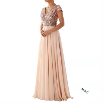 Μακρύ βραδυνό φόρεμα από chiffon με V-λαιμό, παγιέτες, Α-γραμμή, ψηλή μέση