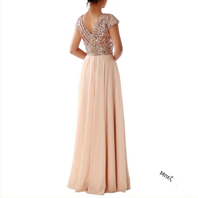 Μακρύ βραδυνό φόρεμα από chiffon με V-λαιμό, παγιέτες, Α-γραμμή, ψηλή μέση