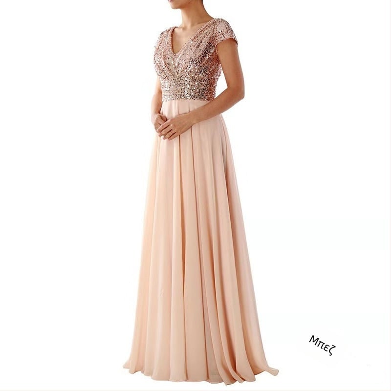 Μακρύ βραδυνό φόρεμα από chiffon με V-λαιμό, παγιέτες, Α-γραμμή, ψηλή μέση