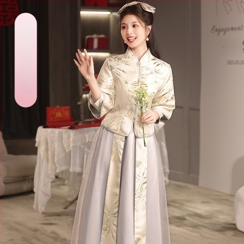 Φόρεμα κουμπάρας με μακριά μανίκια, μακριά φούστα, ύφασμα πλέγματος, λαιμόκοψη τύπου στάντ