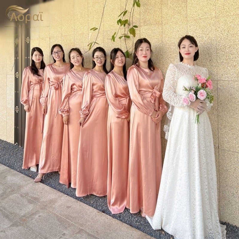 Ευγενικό φόρεμα παρανύφης Loriya 5 Flowers, με μακριά μανίκια, μακριά φούστα, πολυεστέρας