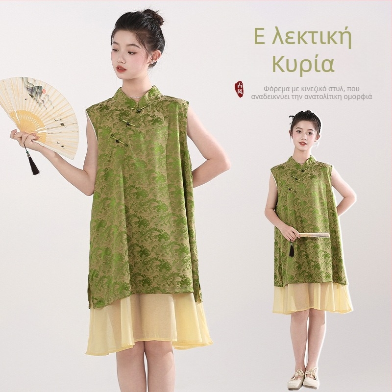 Παιδικό κινεζικού στυλ φόρεμα, χωρίς μανίκια, με τιράντες, πολυεστέρας, για παιδιά άνω των 8 ετών (ύψος πάνω από 140 cm), καλοκαίρι 2025.