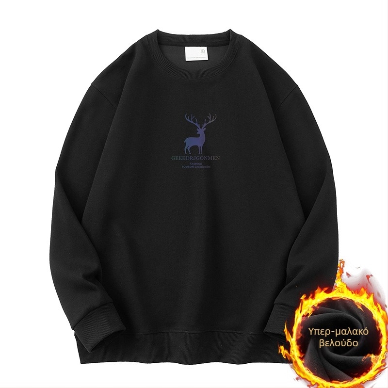 Ανδρικό φλις πουλόβερ με Elk εκτύπωση, μακριά μανίκια, στρογγυλός λαιμός, χαλαρή γραμμή