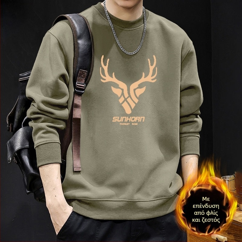 Ανδρικό φούτερ με στρογγυλό λαιμό, φλιζε επένδυση, γεωμετρικό μοτίβο, χαλαρή γραμμή, μακριά μανίκια