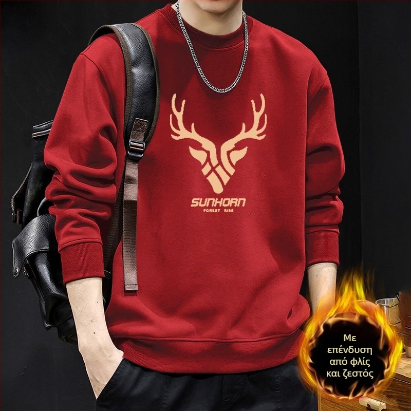 Ανδρικό φούτερ με στρογγυλό λαιμό, φλιζε επένδυση, γεωμετρικό μοτίβο, χαλαρή γραμμή, μακριά μανίκια