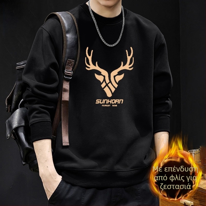 Ανδρικό φούτερ με στρογγυλό λαιμό, φλιζε επένδυση, γεωμετρικό μοτίβο, χαλαρή γραμμή, μακριά μανίκια