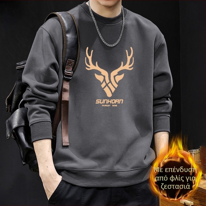 Ανδρικό φούτερ με στρογγυλό λαιμό, φλιζε επένδυση, γεωμετρικό μοτίβο, χαλαρή γραμμή, μακριά μανίκια