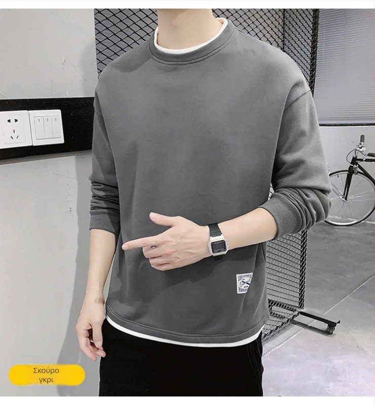 Κορεατικού στυλ πουλόβερ-φούτερ με στρογγυλό λαιμό, παχύ 100% πολυεστέρας, φαρδιά γραμμή