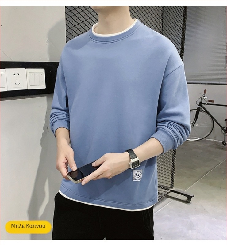 Κορεατικού στυλ πουλόβερ-φούτερ με στρογγυλό λαιμό, παχύ 100% πολυεστέρας, φαρδιά γραμμή