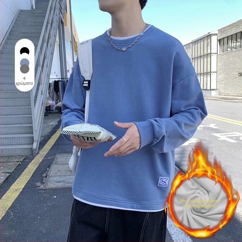 Κορεατικού στυλ πουλόβερ-φούτερ με στρογγυλό λαιμό, παχύ 100% πολυεστέρας, φαρδιά γραμμή