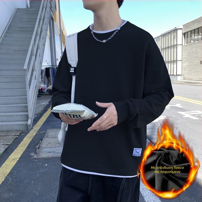 Κορεατικού στυλ πουλόβερ-φούτερ με στρογγυλό λαιμό, παχύ 100% πολυεστέρας, φαρδιά γραμμή