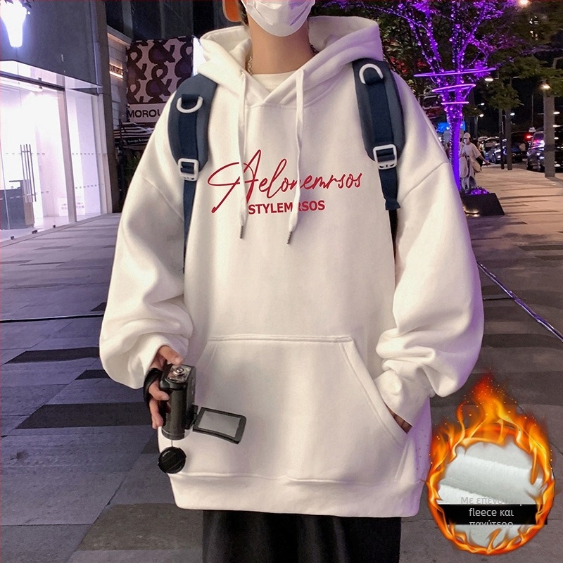 Ανδρικό hoodie με κουκούλα από μίγμα βαμβακιού-πολυεστέρα, φλις εσωτερικά, χαλαρή γραμμή, στρογγυλός λαιμός, τσέπες patch