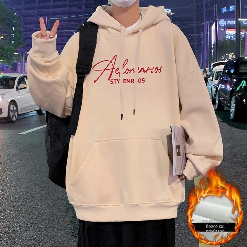 Ανδρικό hoodie με κουκούλα από μίγμα βαμβακιού-πολυεστέρα, φλις εσωτερικά, χαλαρή γραμμή, στρογγυλός λαιμός, τσέπες patch