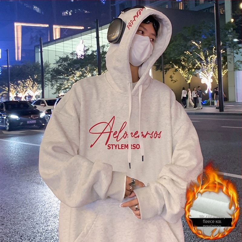 Ανδρικό hoodie με κουκούλα από μίγμα βαμβακιού-πολυεστέρα, φλις εσωτερικά, χαλαρή γραμμή, στρογγυλός λαιμός, τσέπες patch