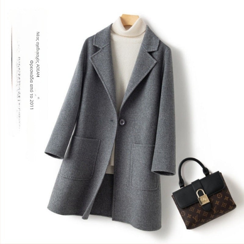 Γυναικείο παλτό από μαλλί μεσαίου μήκους, χαλαρή γραμμή, κορεατικό στυλ, γιακά με πέτο, μήκος 65–80 εκ