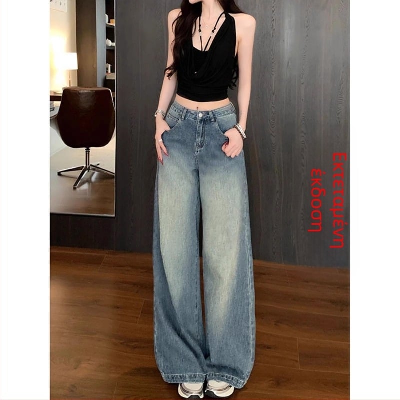 Τζιν από ντένιμ με επένδυση φλίς, ευρύ παντελόνι, στρας hotfix, μήκος μέχρι το πάτωμα, χειμώνας 2025