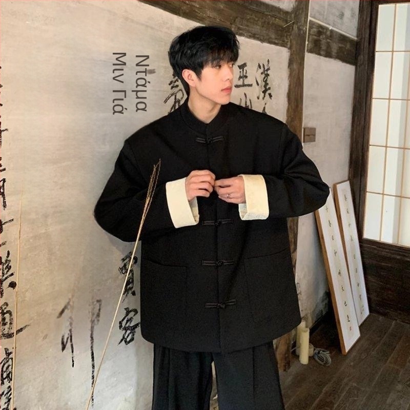 Ανδρικό μπουφάν σε στυλ Tang, με όρθιο γιακά και κούμπωμα δίσκου, ύφασμα από πολυεστερικό μείγμα, τσέπες, τεσσάρων εποχών