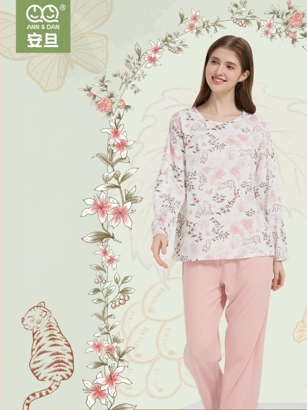 Andan γυναικείο σετ πιτζάμες από μπαμπού-βαμβακι με ελαστικότητα — φιλικό προς το δέρμα, οικιακή ενδυμασία, μοτίβο καρτούν, για όλες τις εποχές