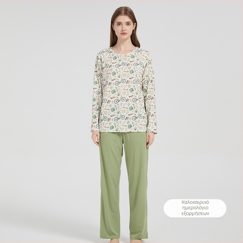 Andan γυναικείο σετ πιτζάμες από μπαμπού-βαμβακι με ελαστικότητα — φιλικό προς το δέρμα, οικιακή ενδυμασία, μοτίβο καρτούν, για όλες τις εποχές