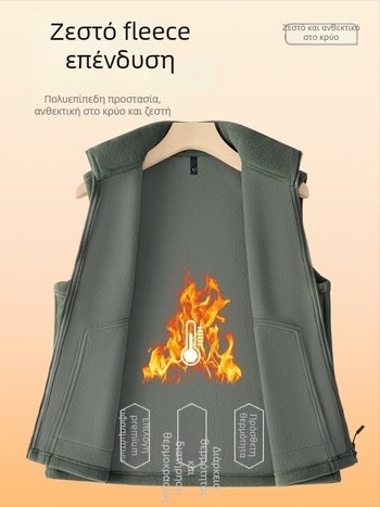 Ανδρικό γιλέκο φλις χωρίς μανίκια με standing collar, διπλής όψης βελούρ, παχύ ύφασμα, μπροστινό φερμουάρ