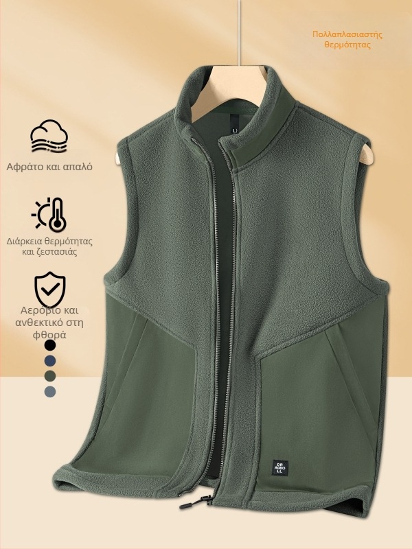 Ανδρικό γιλέκο φλις χωρίς μανίκια με standing collar, διπλής όψης βελούρ, παχύ ύφασμα, μπροστινό φερμουάρ