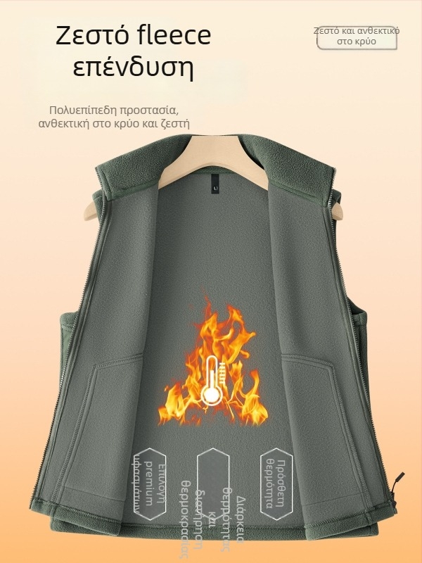 Ανδρικό γιλέκο φλις χωρίς μανίκια με standing collar, διπλής όψης βελούρ, παχύ ύφασμα, μπροστινό φερμουάρ