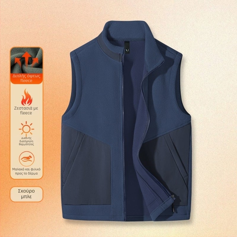 Ανδρικό γιλέκο φλις χωρίς μανίκια με standing collar, διπλής όψης βελούρ, παχύ ύφασμα, μπροστινό φερμουάρ