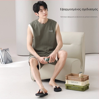 Σετ πιτζάμες από βαμβάκι - Αντρικό, χωρίς μανίκια τοπ και σορτ, Κυκλικό λαιμό, λεπτό ύφασμα 141-160 g/m2, για νέους άντρες