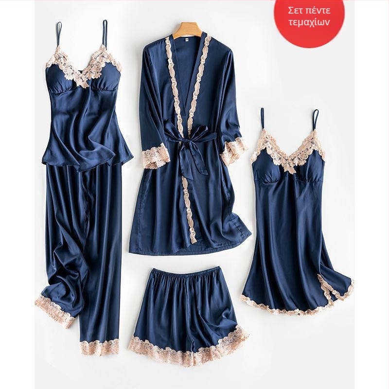 Πέντε μέρη σετ πιτζάμες από τεχνητό μετάξι με δαντελένιο νυχτικό και επένδυση στήθους, V-λαιμό, κοντά παντελόνια