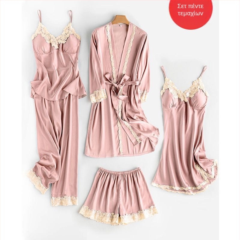 Πέντε μέρη σετ πιτζάμες από τεχνητό μετάξι με δαντελένιο νυχτικό και επένδυση στήθους, V-λαιμό, κοντά παντελόνια