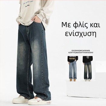 Ανδρικά τζιν με επένδυση φλίς για τον χειμώνα, ίσια γραμμή, μέση μεσαία, φερμουάρ, βαμβακερή σύνθεση