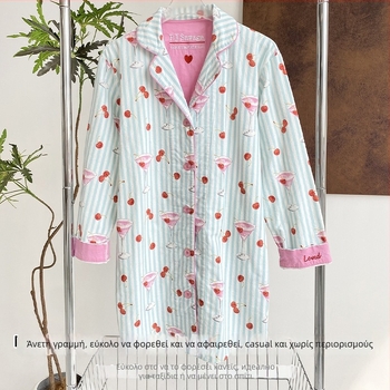 Σετ πιτζάμας από βαμβάκι με φινίρισμα βελούδο, γιακά τύπου λαπέλ, μακριές μανίκες, 181–200 g/m2, άνετο οικιακό ντύσιμο για γυναίκες, κατάλληλο για χειμώνα, άνοιξη και φθινόπωρο