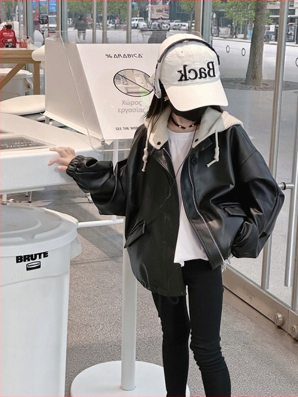 Κοριτσίστικο PU δερμάτινο τζάκετ σε κορεατικό στυλ με αποσπώμενη κουκούλα και φερμουάρ