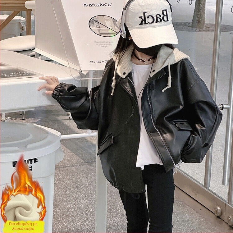 Κοριτσίστικο PU δερμάτινο τζάκετ σε κορεατικό στυλ με αποσπώμενη κουκούλα και φερμουάρ