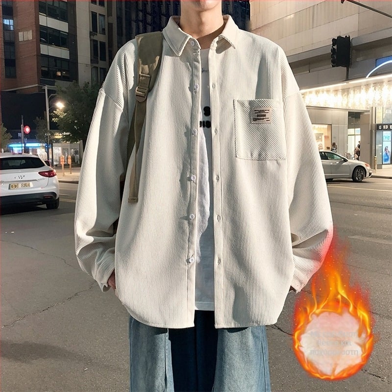 Πουκάμισο corduroy για εργασία, ανδρικό με μακριά μανίκια, στυλ δρόμου με κουκούλα, χαλαρή γραμμή, μυτερή γιακά, μονόχρωμο, πολυεστερικό ύφασμα