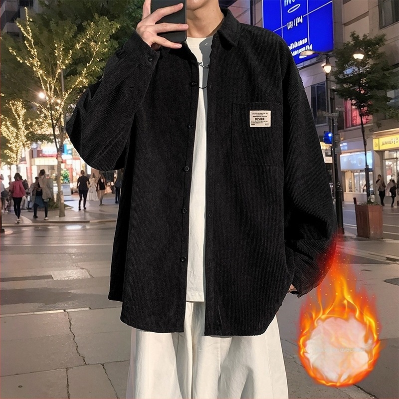 Πουκάμισο corduroy για εργασία, ανδρικό με μακριά μανίκια, στυλ δρόμου με κουκούλα, χαλαρή γραμμή, μυτερή γιακά, μονόχρωμο, πολυεστερικό ύφασμα