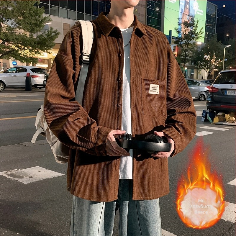 Πουκάμισο corduroy για εργασία, ανδρικό με μακριά μανίκια, στυλ δρόμου με κουκούλα, χαλαρή γραμμή, μυτερή γιακά, μονόχρωμο, πολυεστερικό ύφασμα