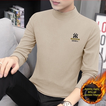 Ανδρικό μακρυμάνικο T-shirt με ψηλό λαιμό, Slim fit, πολυεστερικό μείγμα, 280 g, φλις επένδυση για χειμώνα