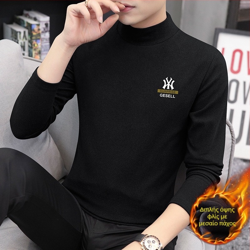 Ανδρικό μακρυμάνικο T-shirt με ψηλό λαιμό, Slim fit, πολυεστερικό μείγμα, 280 g, φλις επένδυση για χειμώνα