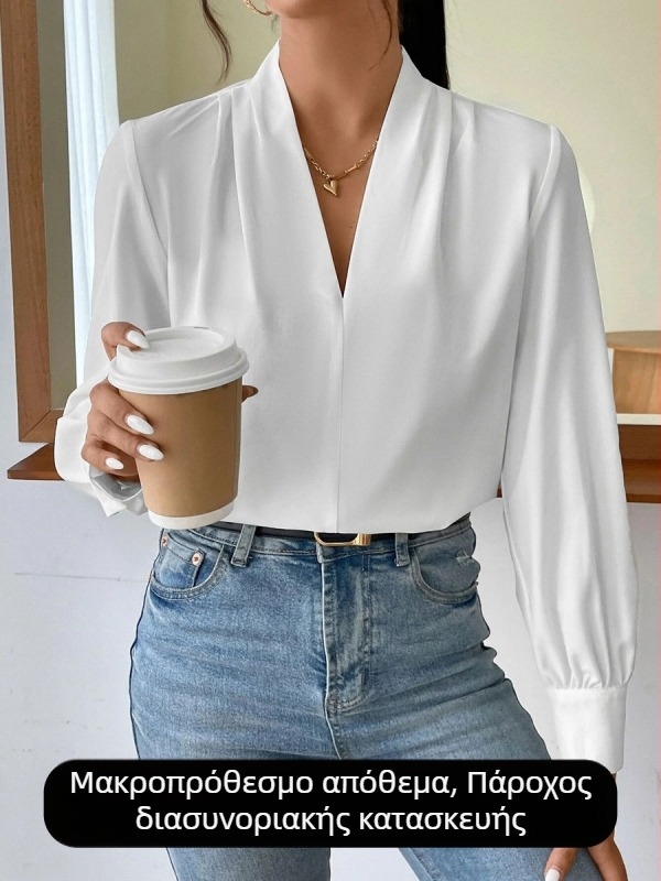 Πουκάμισο σατέν, μακριά μανίκια, V-λαιμόκοψη, χαλαρή γραμμή, Φθινόπωρο 2025