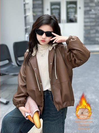 Μπουφάν από PU δέρμα για κορίτσια με αποσπώμενη κουκούλα, φλις εσωτερική επένδυση, κοντό μήκος, V-λαιμό, για κορίτσια άνω των 8 ετών, φθινόπωρο 2025