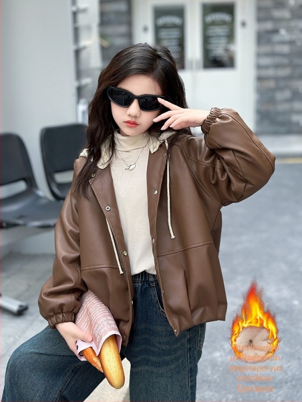 Μπουφάν από PU δέρμα για κορίτσια με αποσπώμενη κουκούλα, φλις εσωτερική επένδυση, κοντό μήκος, V-λαιμό, για κορίτσια άνω των 8 ετών, φθινόπωρο 2025