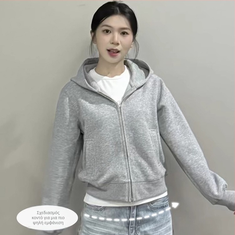 Σύντομη ζακέτα-φούτερ με φερμουάρ και κουκούλα, ελαφρώς φαρδιά γραμμή, ιαπωνοκορεατικό casual στυλ, μήκος 40-50 εκ., μίγμα βαμβακιού-πολυεστέρα (50-70% βάμβακι; 30-50% πολυεστέρας)